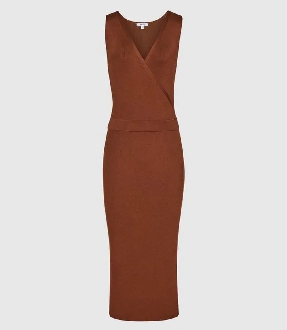 NWT Reiss Katy Knitted Bodycon Midi Dress Rust Sleeveless Size L